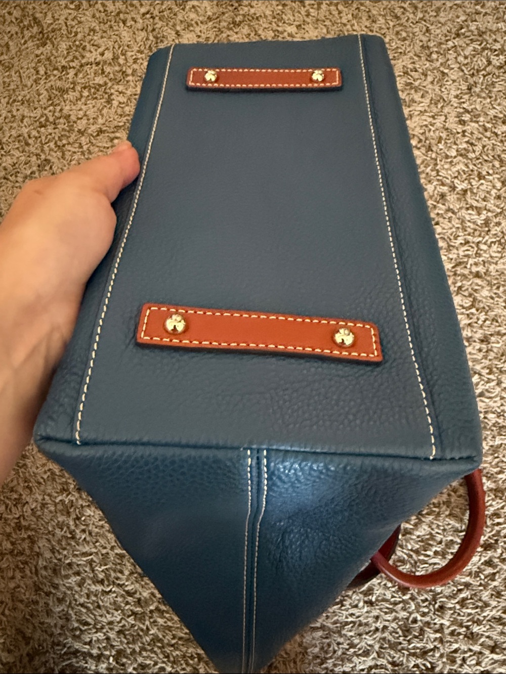 Dooney & Bourke Teal Pebbled Leather Tote with Brown Handles - Picture 6 of 8